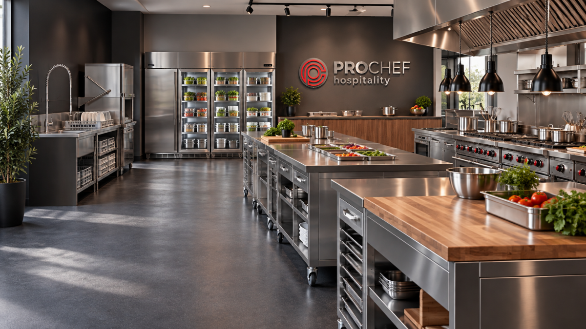 Modern commercial kitchen with ProChef Hospitality wall signage, glass-door refrigeration, stainless preparation benches and a cooking line.