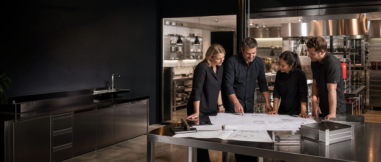 ProChef team reviewing commercial kitchen plans beside a completed stainless steel kitchen