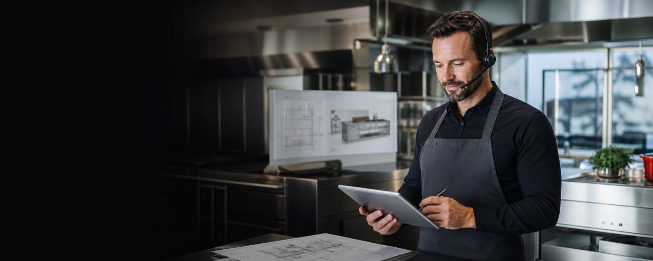 ProChef commercial kitchen adviser reviewing a kitchen plan while assisting a customer
