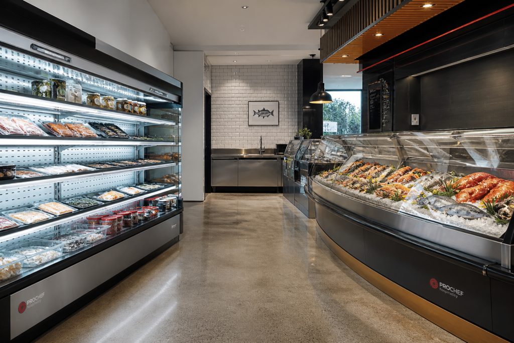 Custom open display fridge and refrigerated seafood display cabinet in a food retail fitout