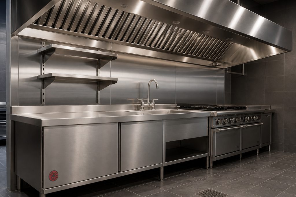 Custom stainless steel exhaust canopy, sink bench and shelving for a commercial kitchen