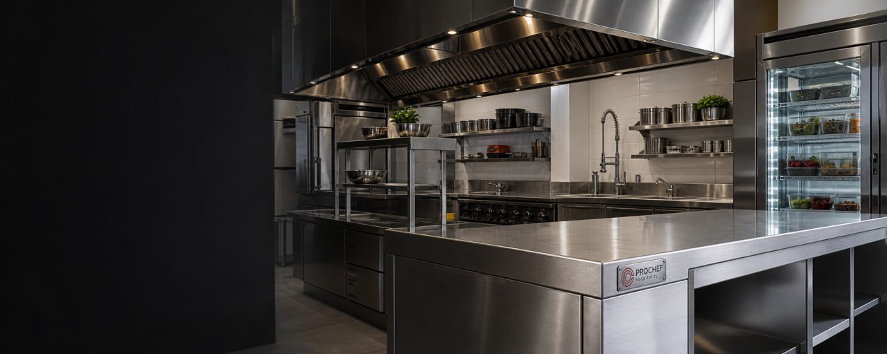 Custom ProChef stainless steel commercial kitchen with exhaust canopy, benches and refrigeration