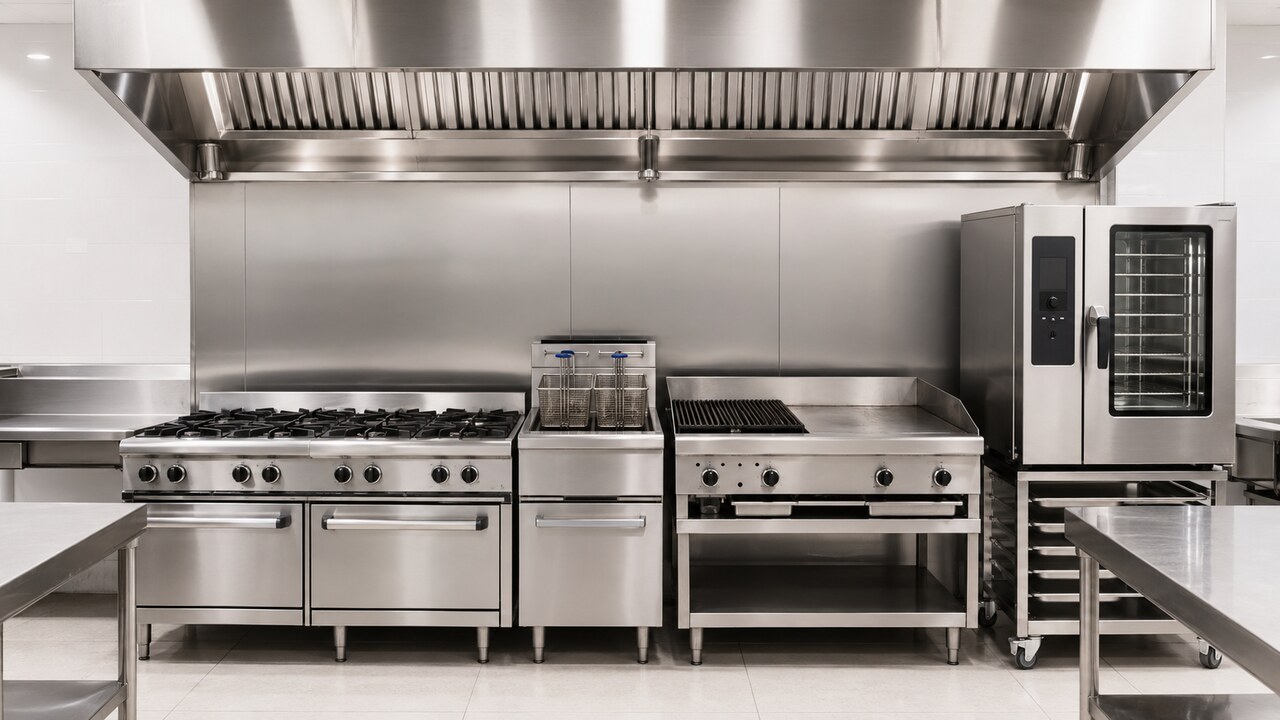 Commercial cooking line with oven, range, fryer and grill