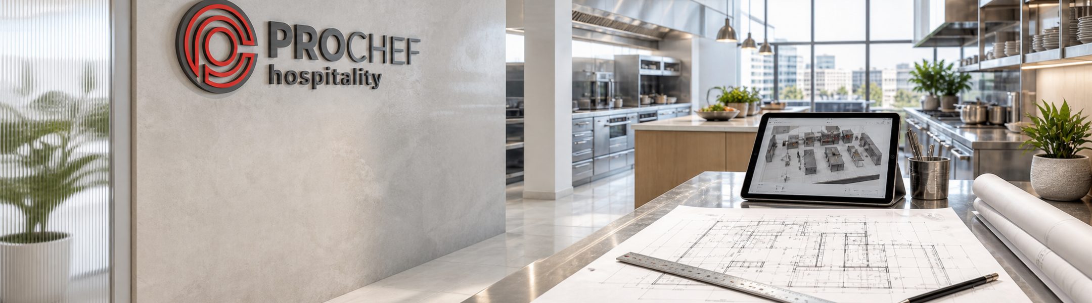 ProChef commercial kitchen design plans beside a stainless steel kitchen
