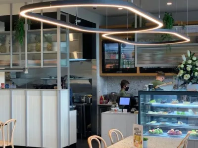 Cafe interior with circular pendant lighting and planted shelving
